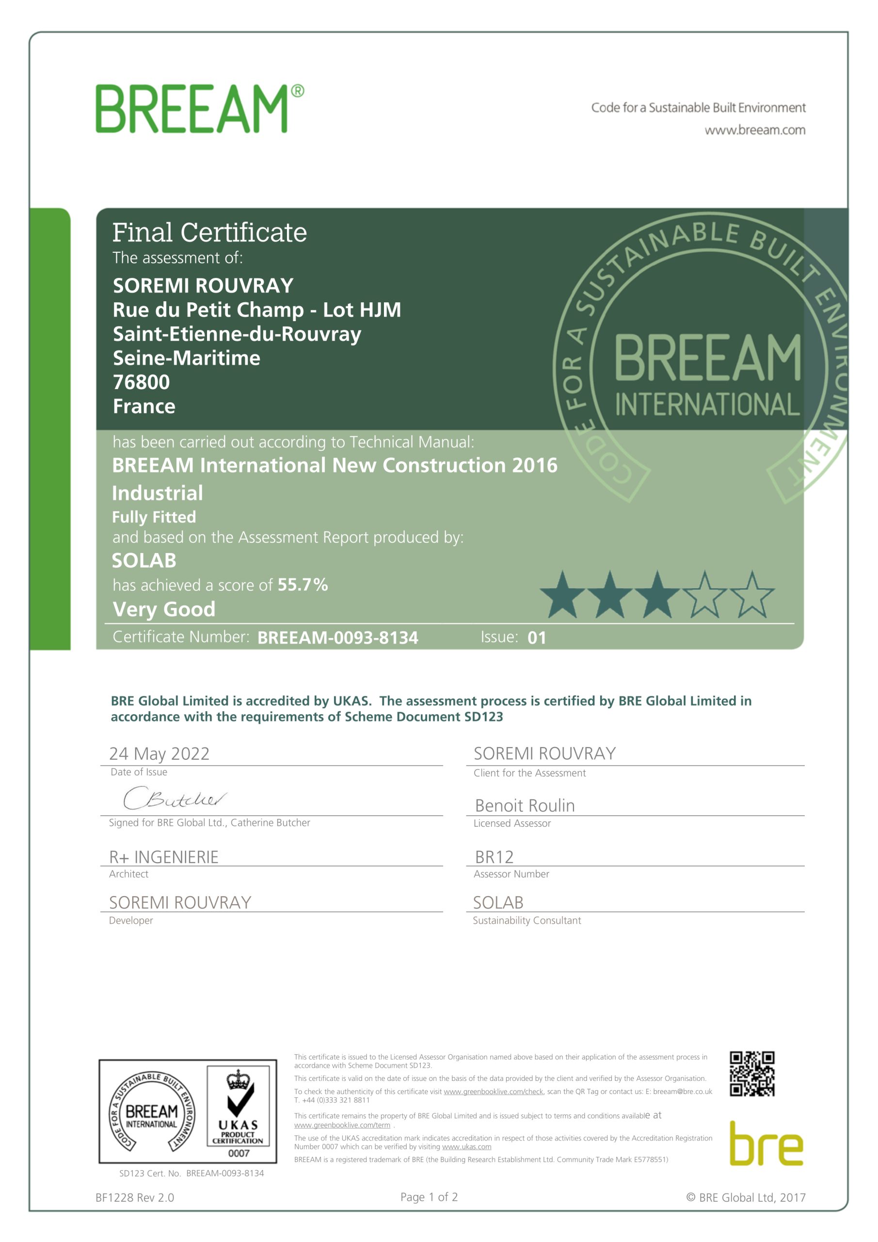 Certificat final - BREEAM-0093-8134-1-1 certification breeam soremi dachser stegys